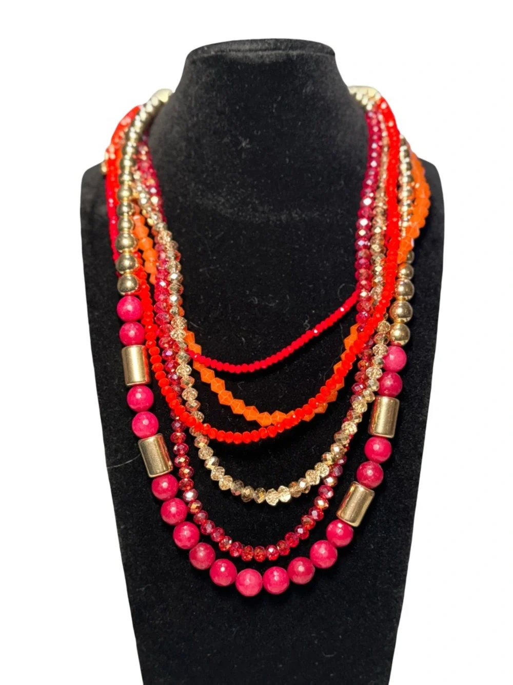 ❤️🧡 Multi-Strand Red, Fuchsia and Orange Beaded Necklace Beaded Accent Bold